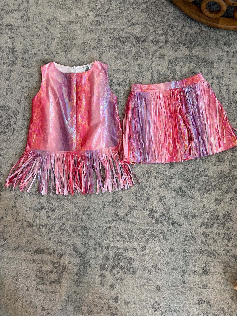 QUEEN OF SPARKLES Pink Iridescent Fringe Skirt Set